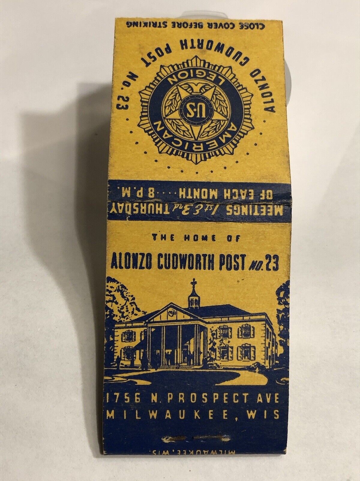 Old Matchbook Cover Alonzo Cudworth Post No. 23 Milwaukee Wisconsin D2392