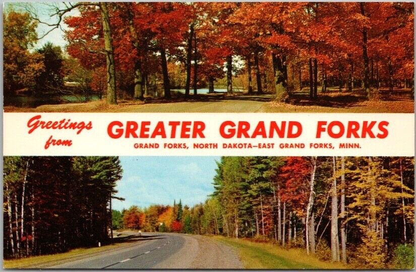 c1950s GREATER GRAND FORKS North Dakota Greetings Postcard Highway / Fall Scenes