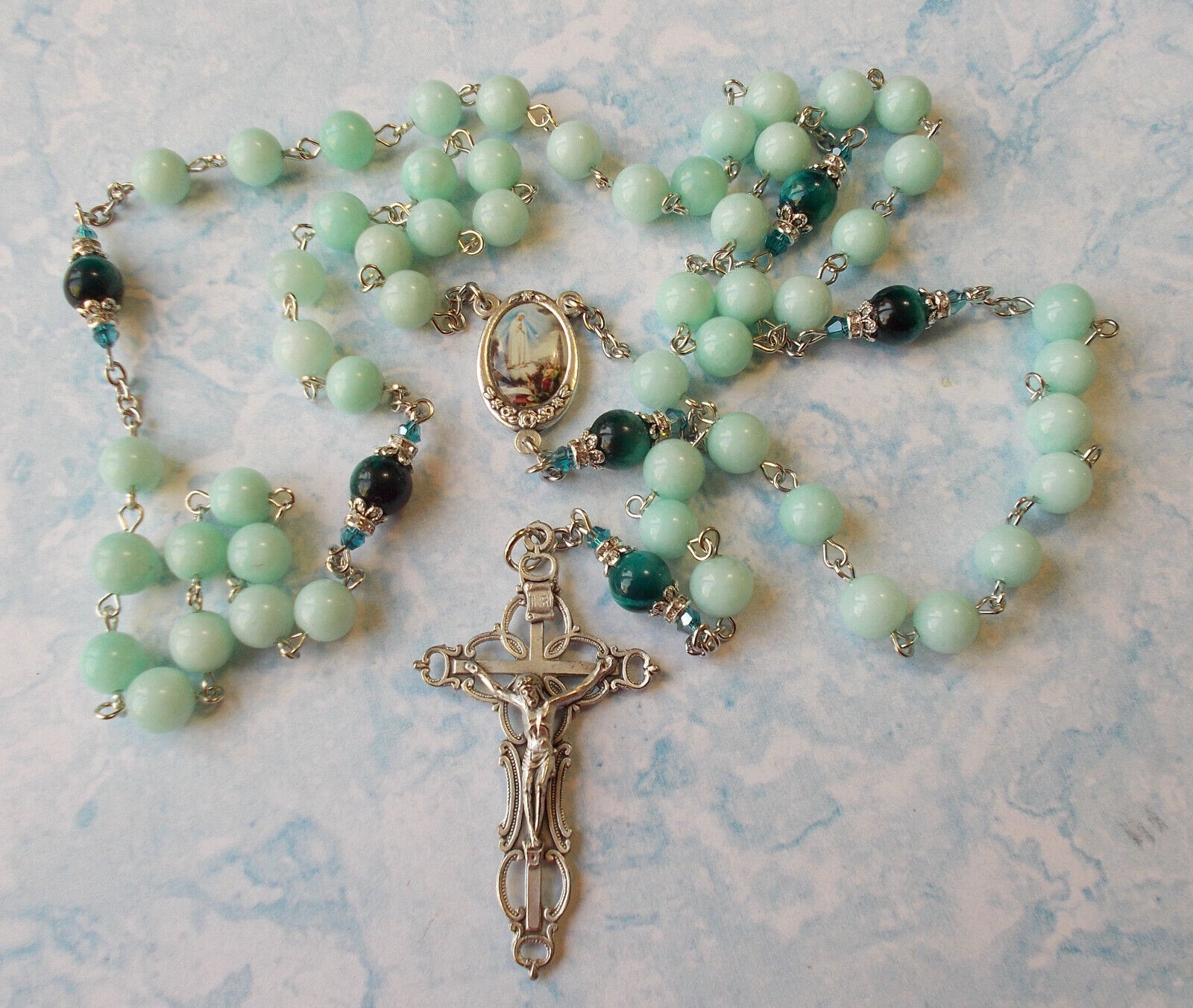 Brazilian Aquamarine & Tigers eye Rosary~Our Lady of Fatima~Italy~Handmade~