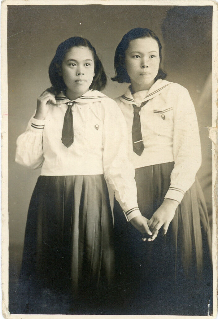 Two Japanese Girls Holding Hands Wearing Uniform Vintage Photo Asian Japan 145