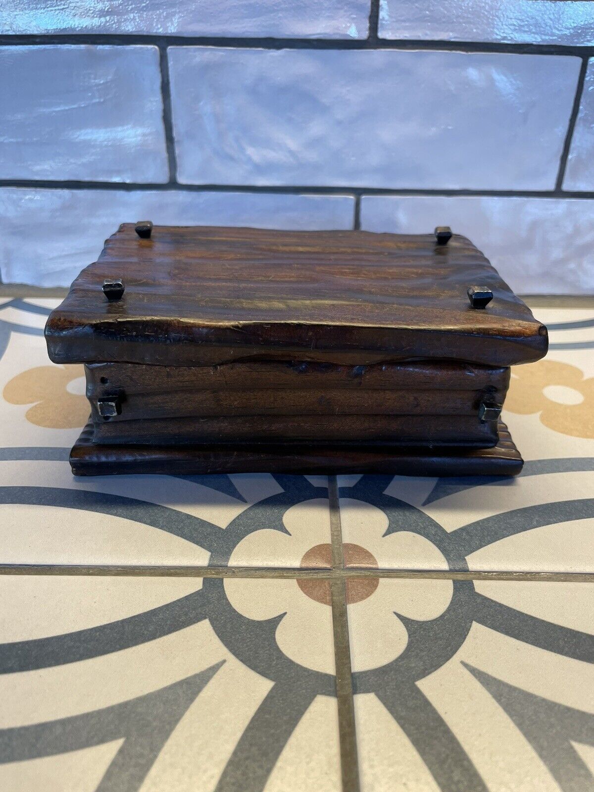 Wooden Sculpted Box With Hinged Lid Vintage Looking Rustic Metal Accents