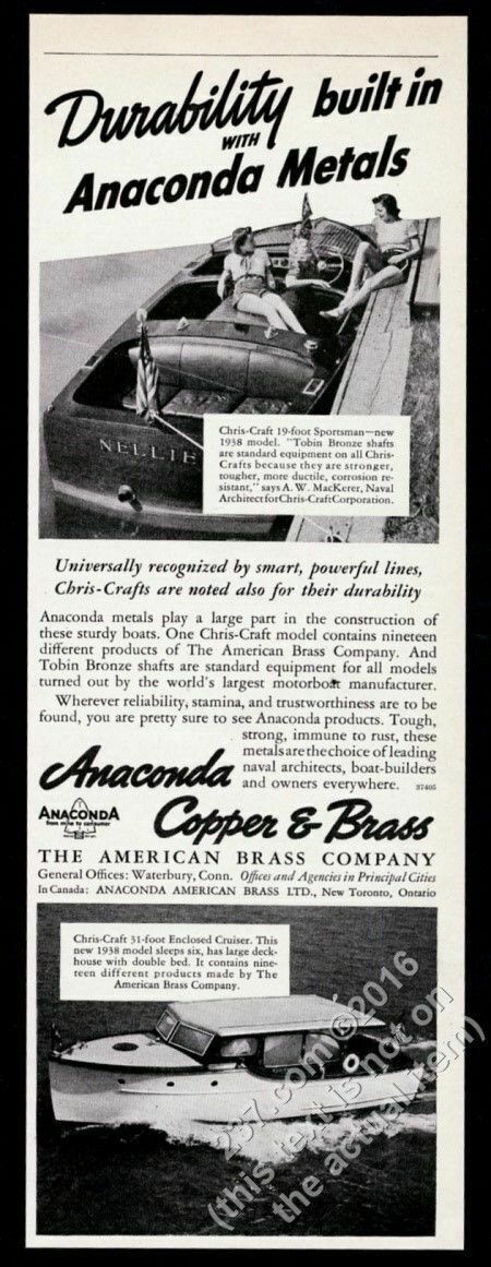 1937 Chris Craft Sportsman sunabout & Enclosed Cruiser photo Anaconda print ad