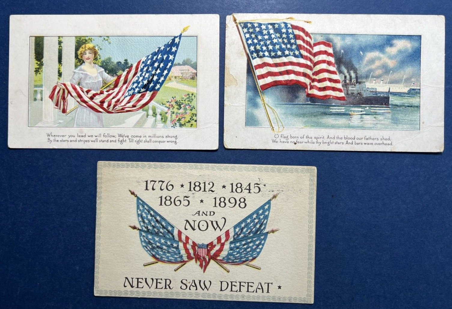 3 USA Flags Antique Patriotic Postcards. WWI era. Ships, Lady, Flags. 2 are set