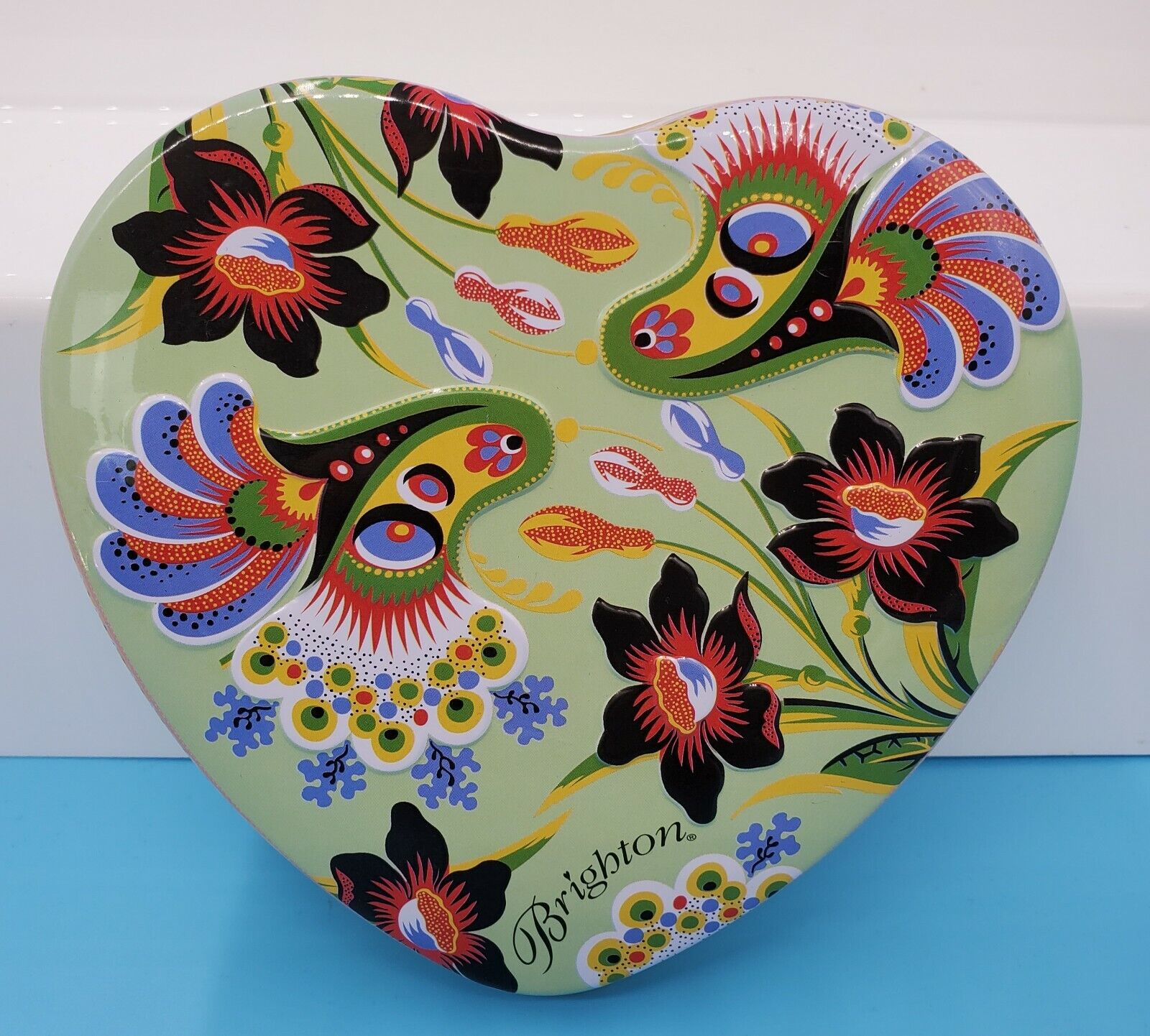 BRIGHTON Paisley Floral Design Heart Shape Case Tin  EMPTY Gift Box Jewelry (C27