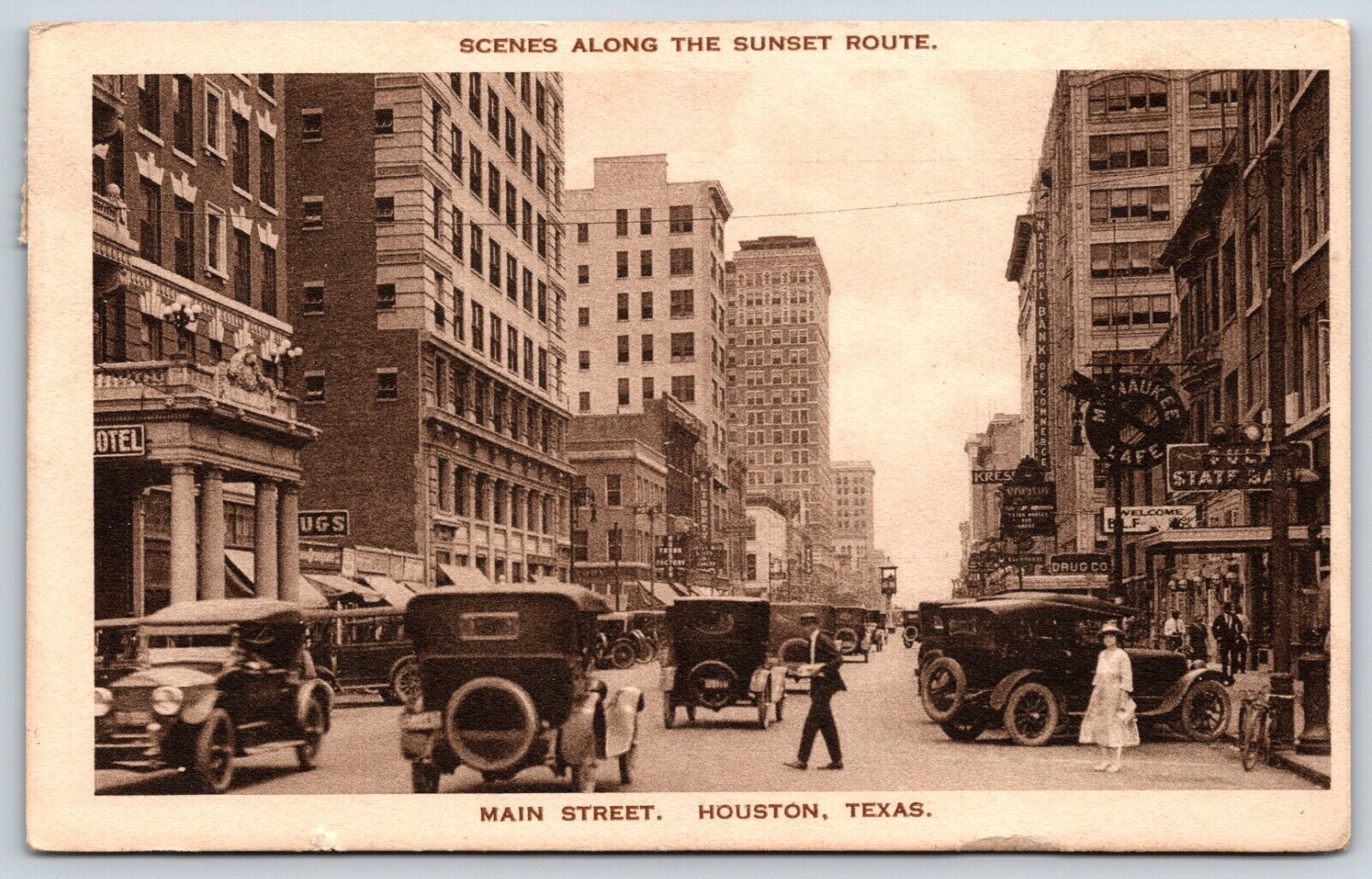 Postcard Main Street, Scenes Along The Sunset Route, Houston, Texas Posted 1923