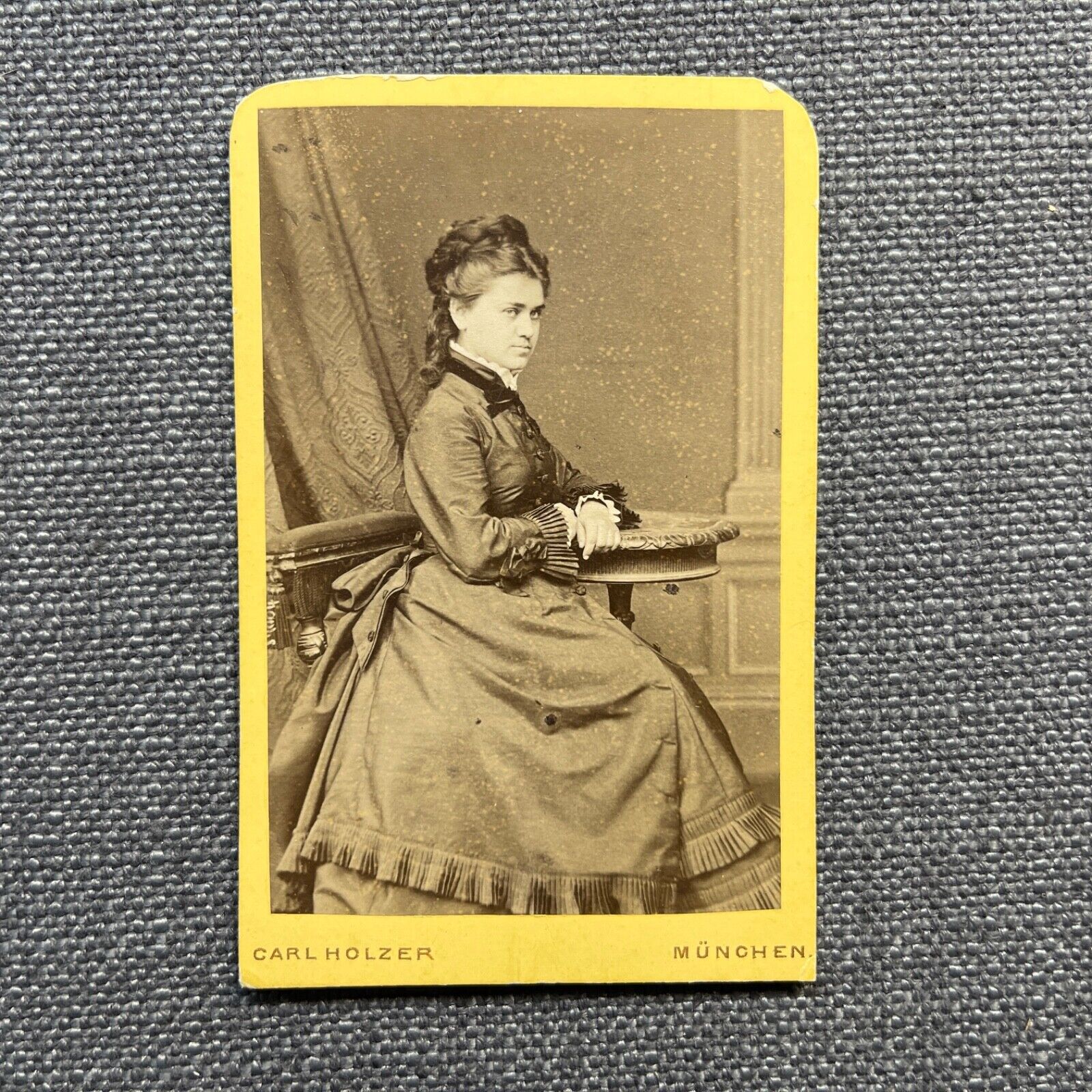 CDV Photo Antique Portrait Woman in Bustle Dress Sitting at Table Germany