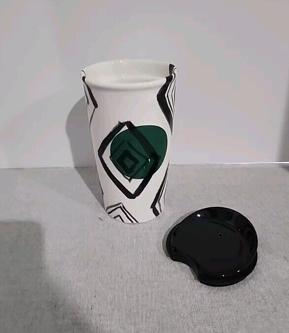 Starbucks Ceramic Tumbler Coffee Mug 2014 Green Dot Diamond  10 oz. w/ Black Lid