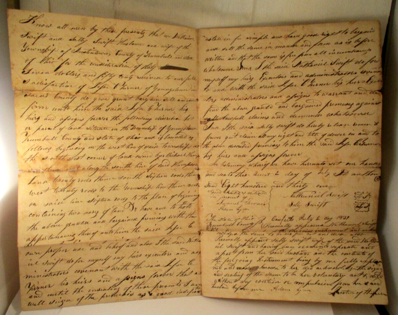 1831 NATHANIEL SWIFT YOUNSGTOWN OH LAND DEED