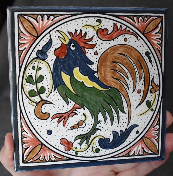 FABULOUS PORTUGUESE SIGNED ORIGINAL HND PTD ROOSTER MOTIF TILE #4 OF 8 AVAILABLE