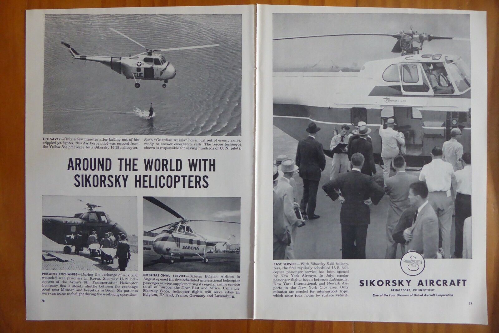 10/1953 PUB SIKORSKY H-19 RESCUE HELICOPTER S-55 SABENA NEW YORK AIRWAYS AD