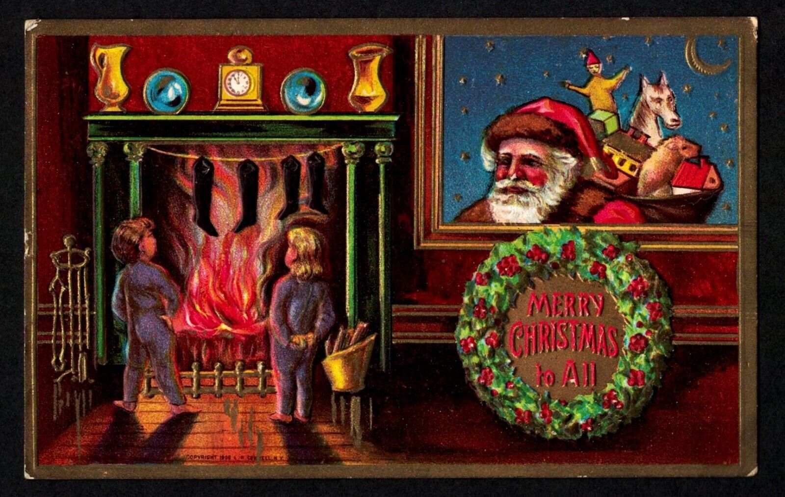 5202 Antique Vintage Christmas Postcard Santa Fireplace Stockings COLDWATER 1910