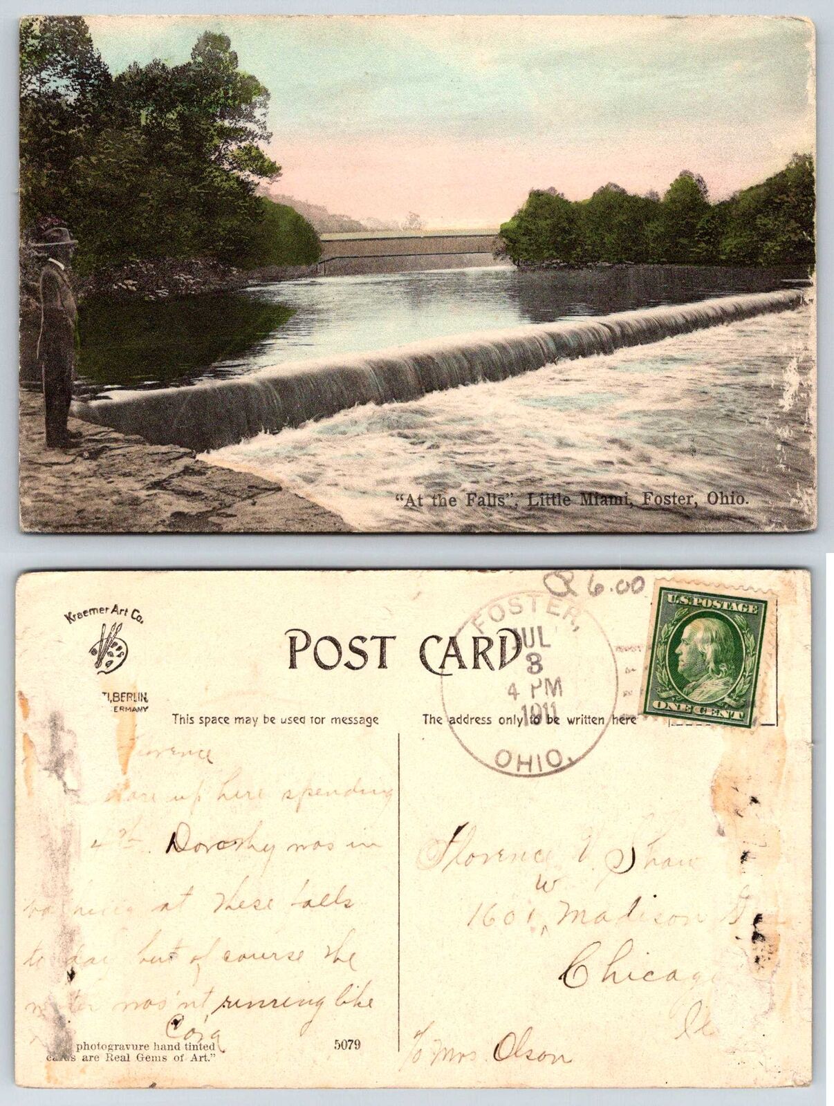 Foster Ohio LITTLE MIAMI RIVER LOW DAM FALLS COVERED BRIDGE 1911 Postcard N189
