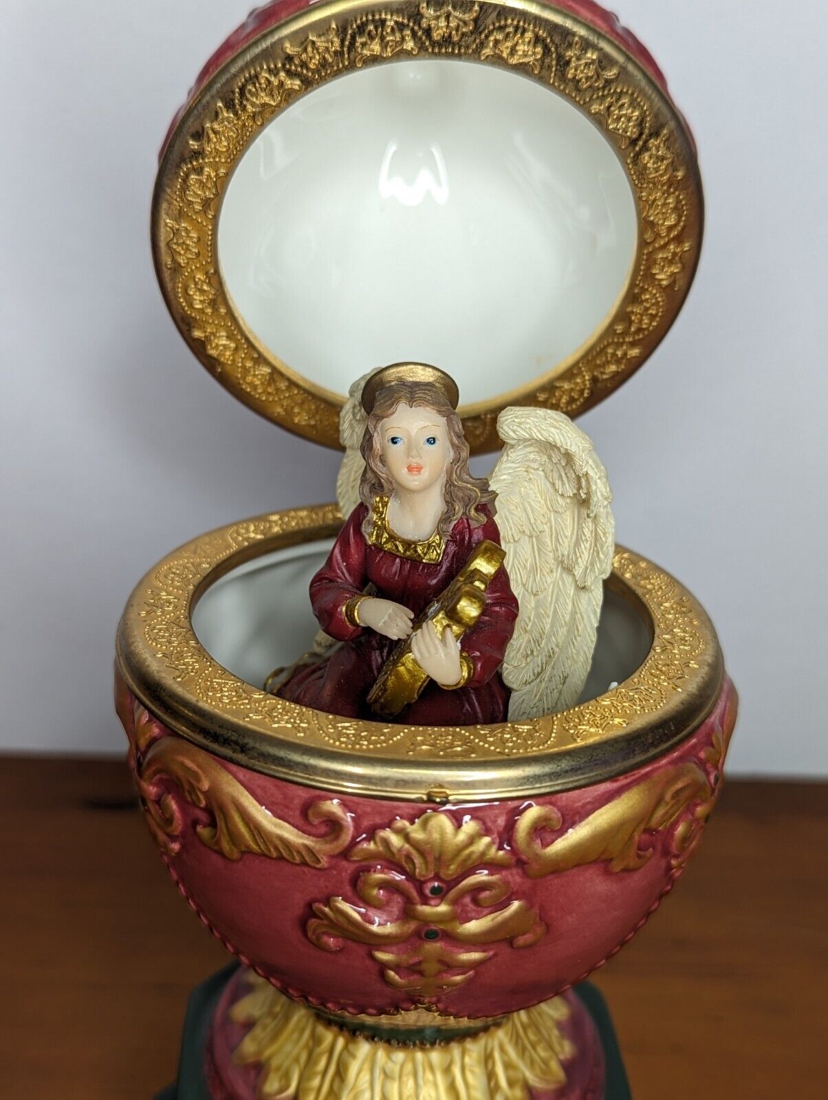 Porcelain Music Egg with Angel Playing Carol of the Bells