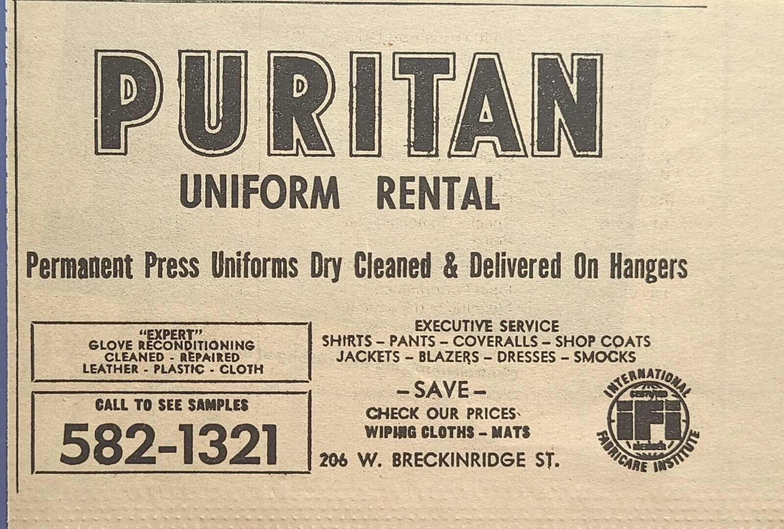 Puritan Uniform Rental Louisville KY Executive Svc Shop Vintage Print Ad 1976