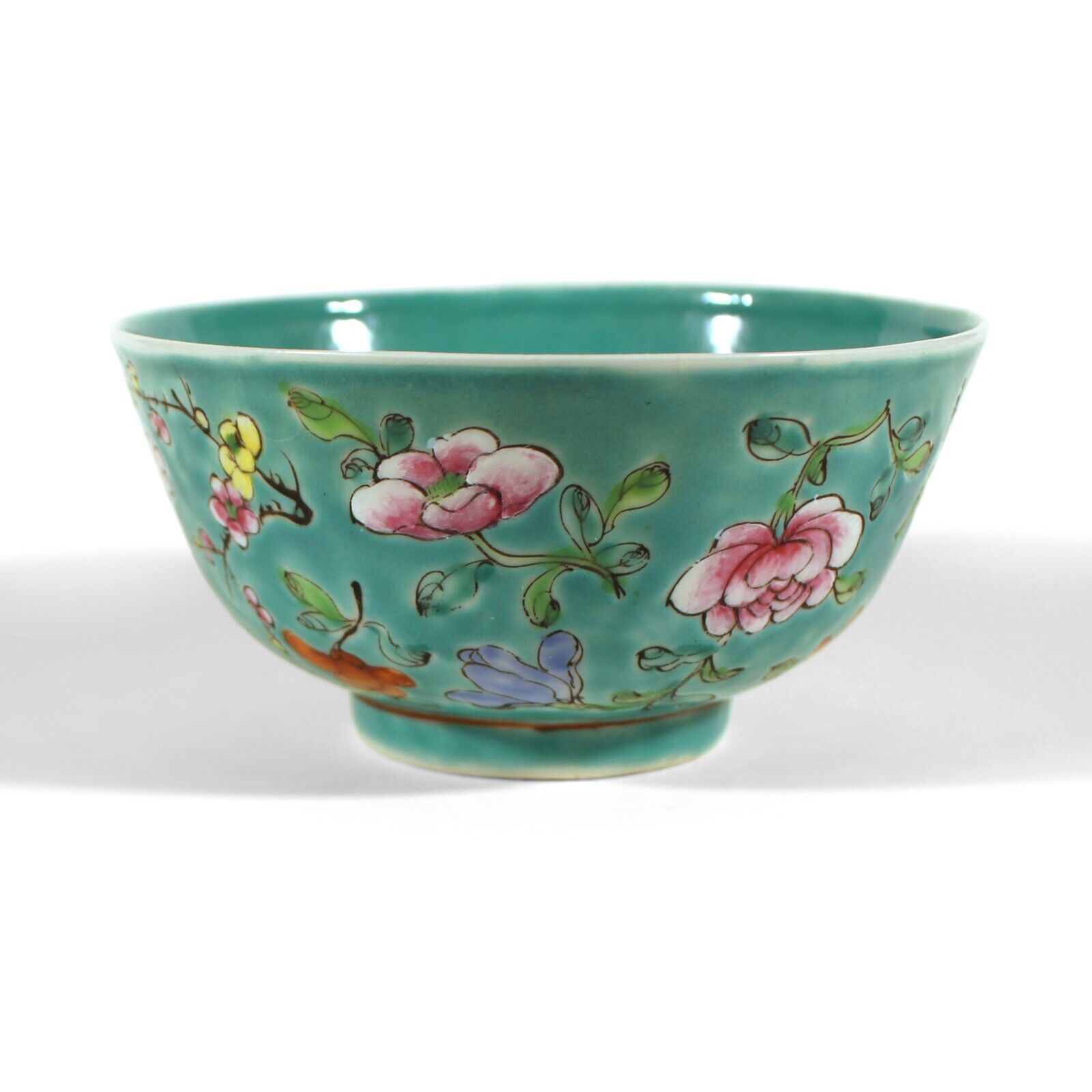 OLD CHINESE FAMILLE ROSE PORCELAIN FOOTED BOWL ENAMELED FLOWERS TURQUOISE CHINA