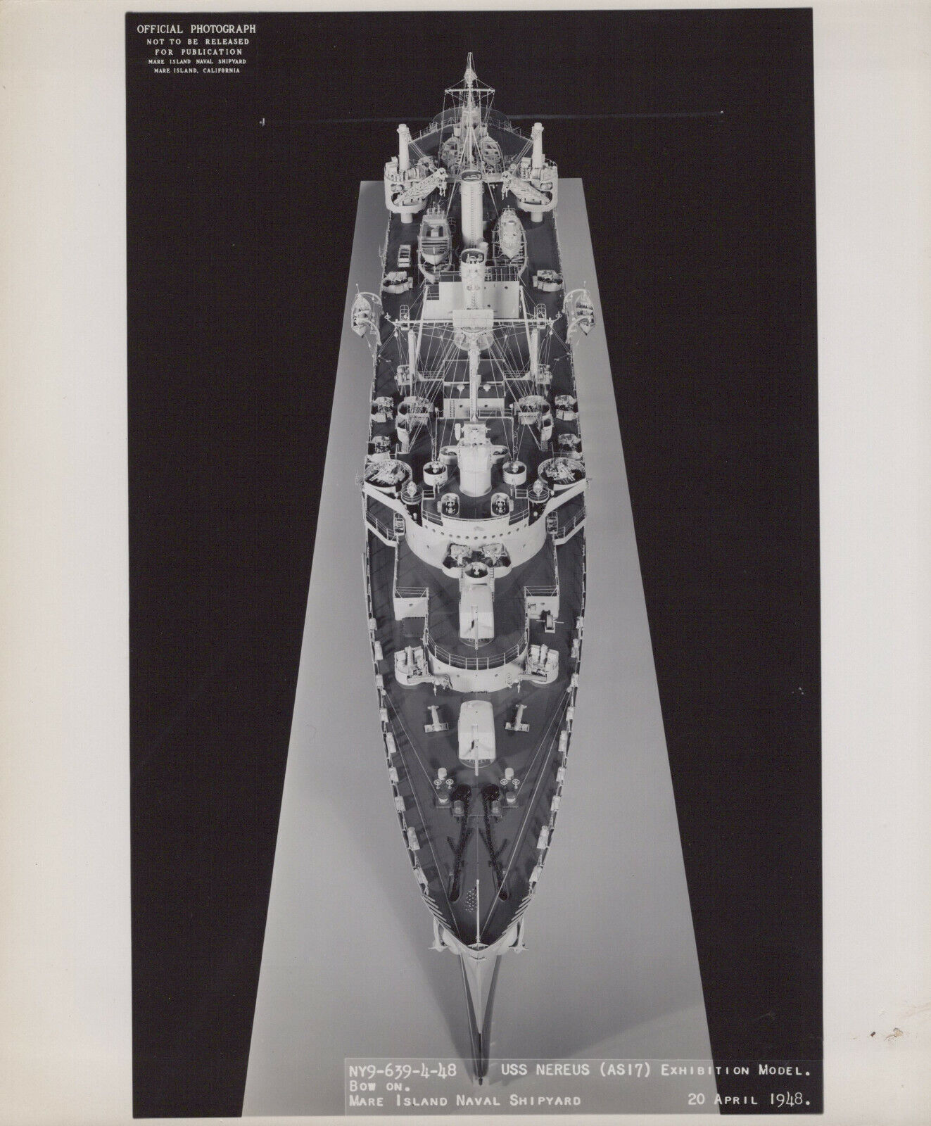 Mare Island Naval Shipyard USS NEREUS AS-17 Exhibition Model BOW ON 1948 Photo
