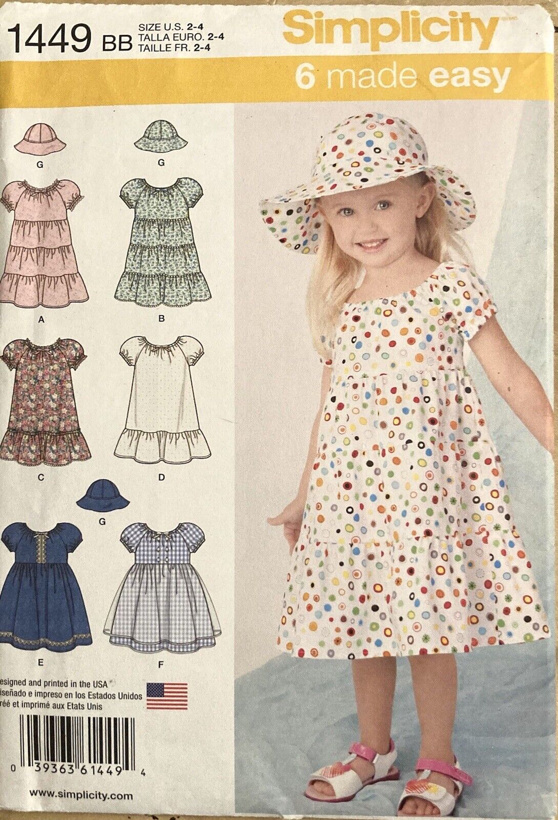 Simplicity 1449 Toddler Dress Hat Pattern Size 2-4 Uncut