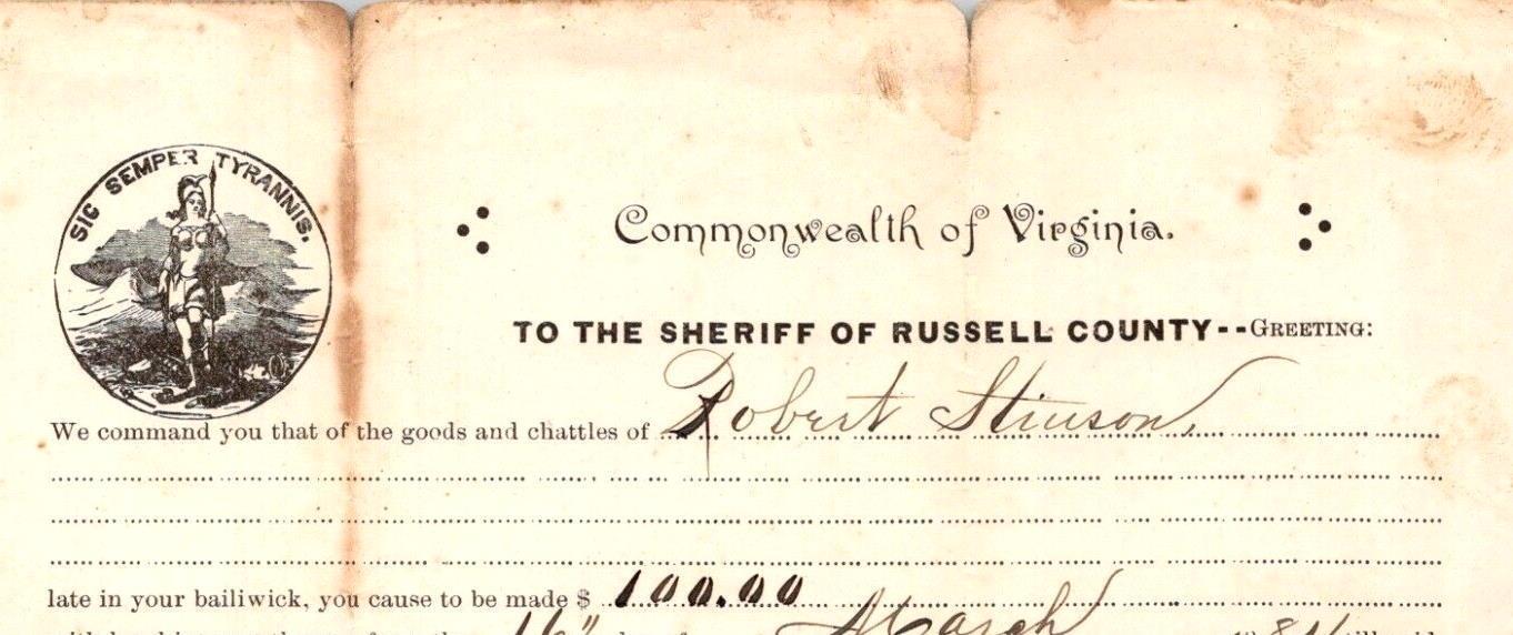 1889 Commonwealth of Virginia Russell County Order to Appear Bad Debt Stinson