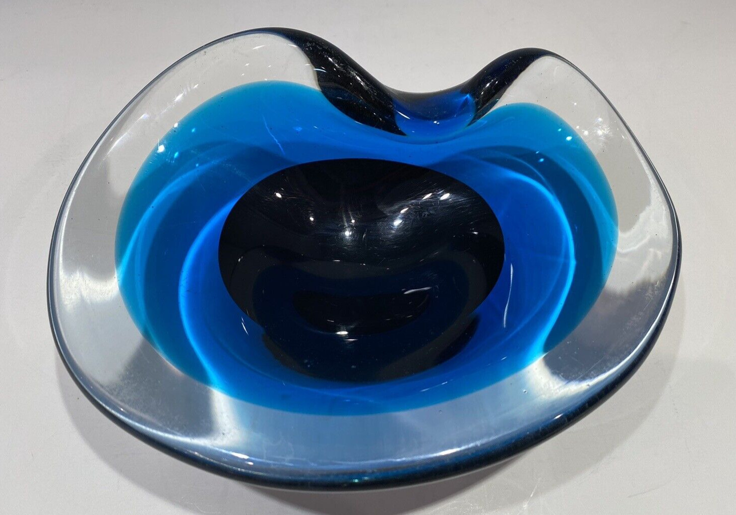 Murano Vintage Thick Glass Trinket Bowl Ashtray w/ Blue Clear Alternating Colors
