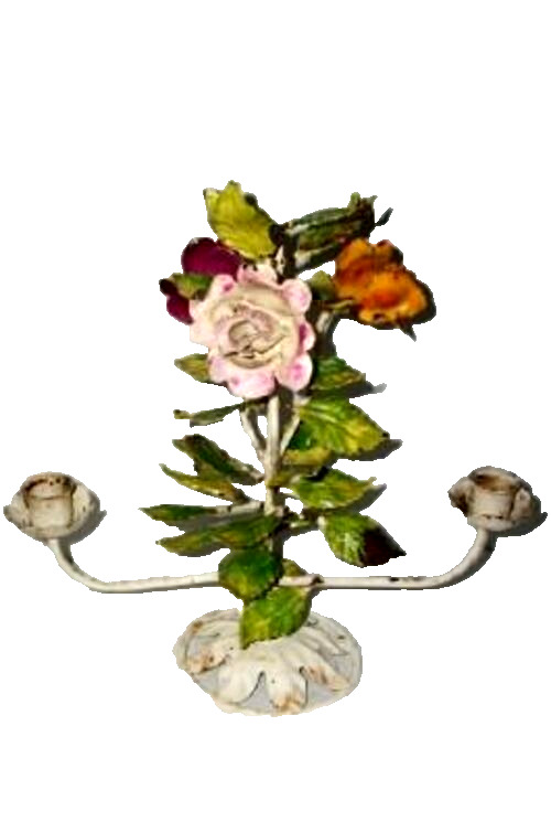 ITALIAN TOLE ROSES CANDELABRA CANDLE HOLDERS CHIPPY RUSTY ORIGINAL 1930s