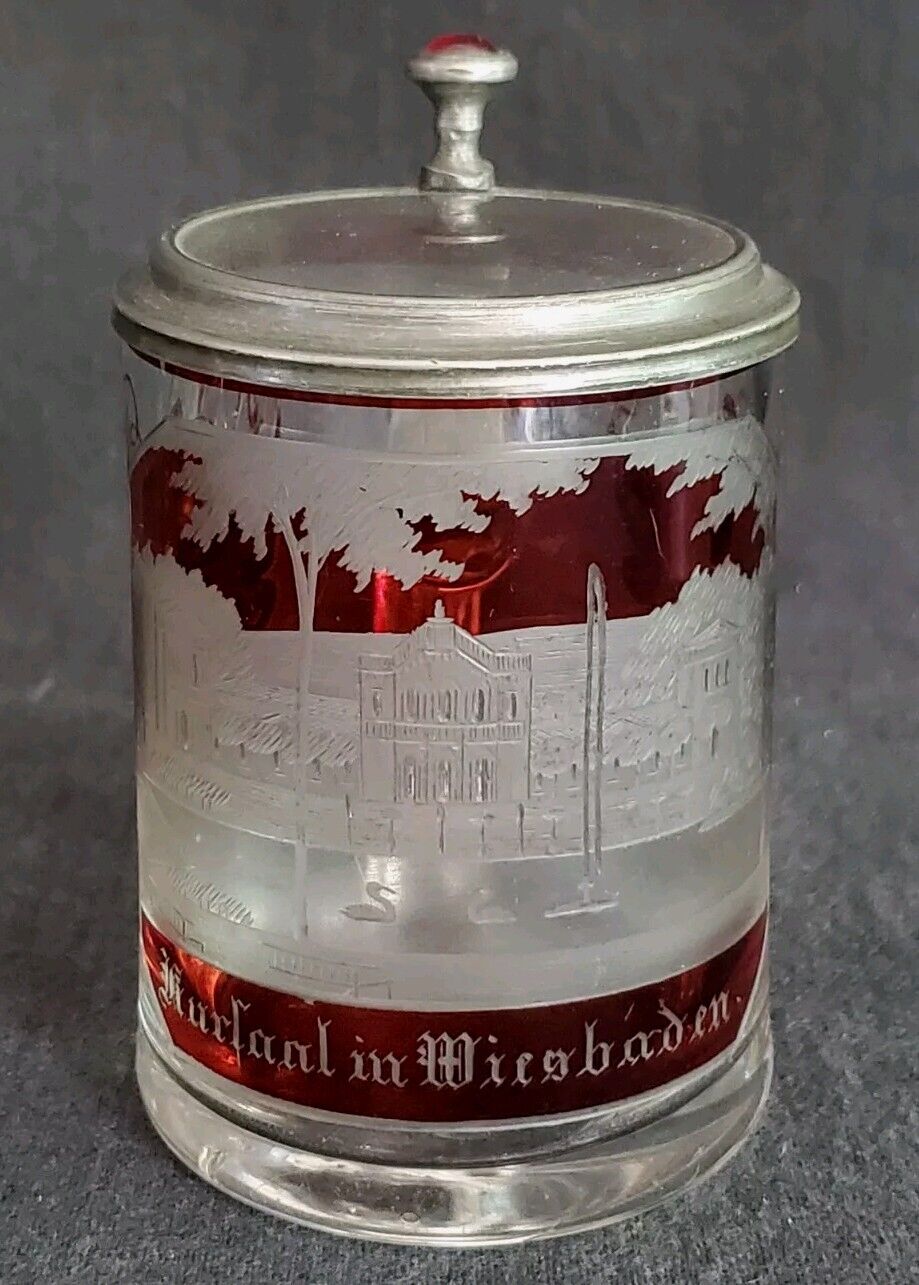 Antique Bohemian Red Glass Lid Beer Stein Etched Kurhaus Wiesbaden Spa Casino 4\
