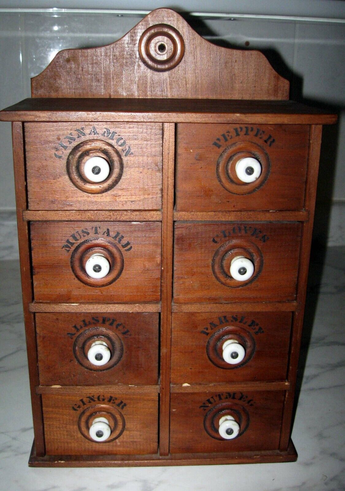 Vtg Primitive Rustic Country Wooden Stenciled Spice Box Cabinet Porcelain Knobs