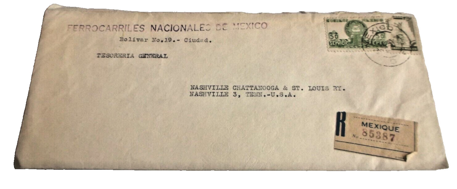 1949 FNM FERROCARRILES NACIONALES DE MEXICO  USED COMPANY ENVELOPE REGISTERED