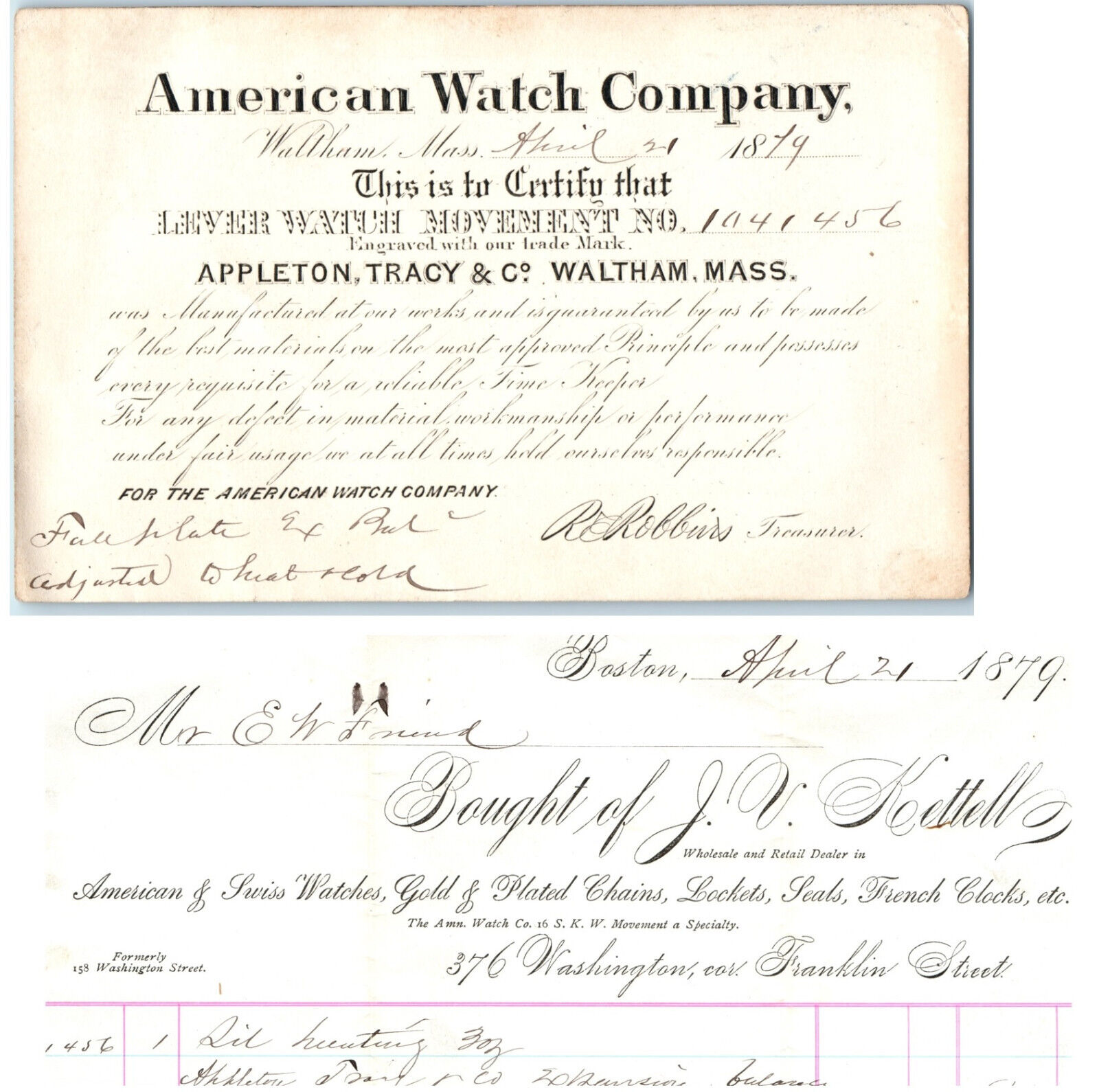 1879 American Watch Appleton Tracy Co Waltham Ma Boston Pocket Watch Papers Cert