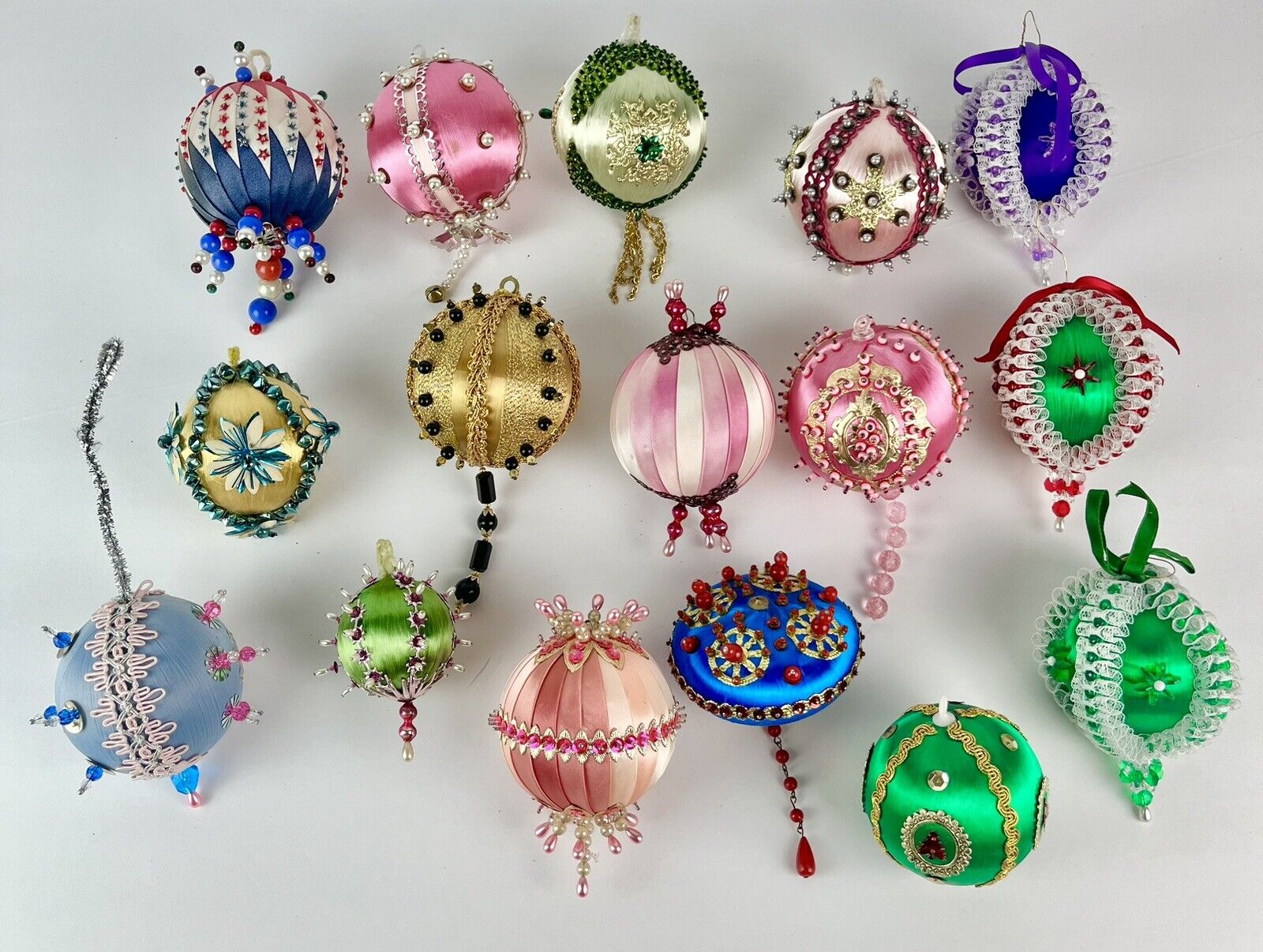 16 Vintage Push Pin Sequin Satin Ribbon Beaded Handcrafted Christmas Ornament