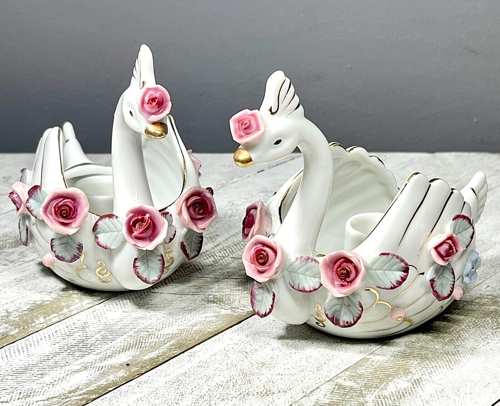Vintage Chikusa Porcelain Swan Candle Holders Occupied Japan - Set of 2
