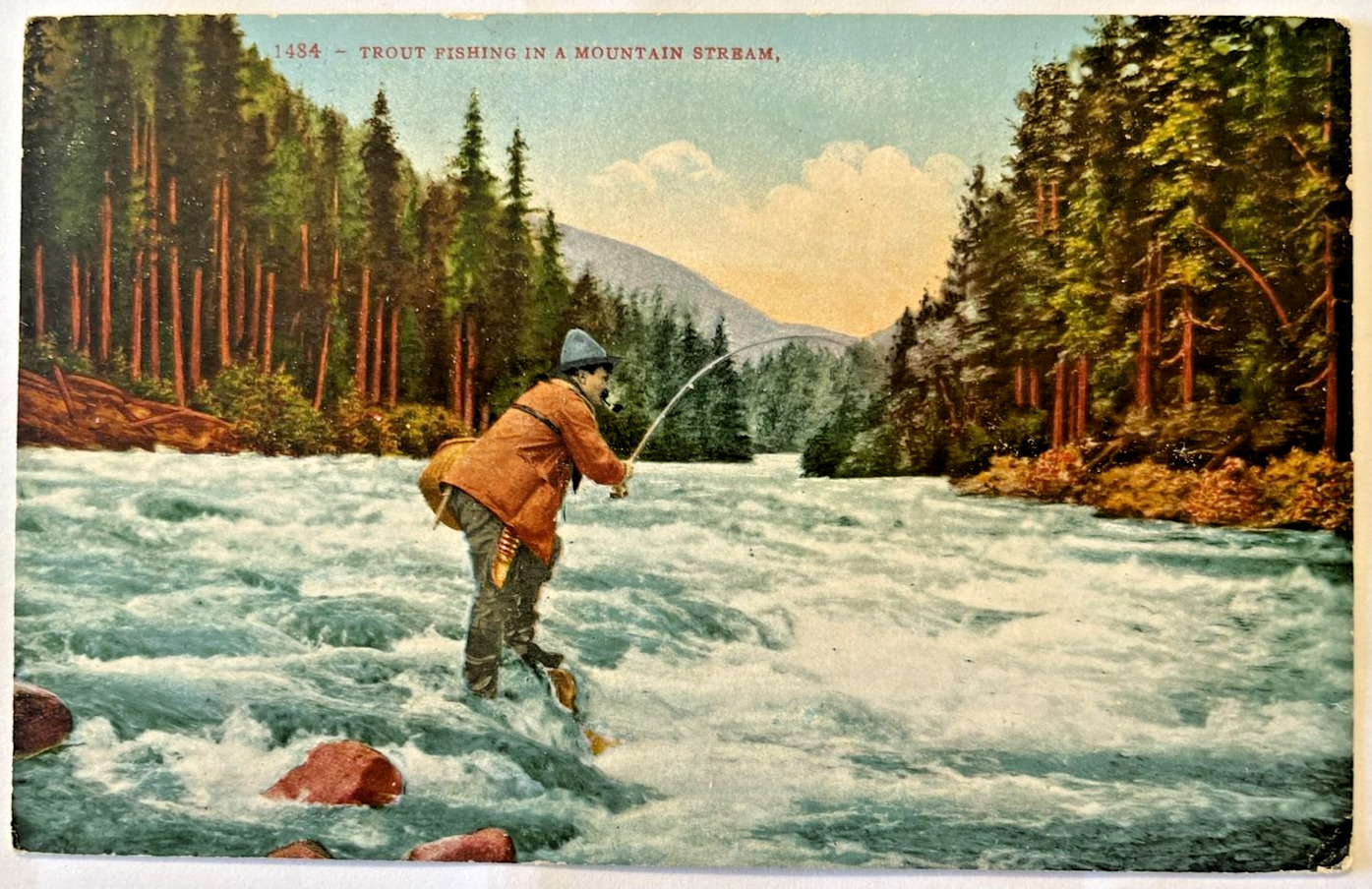 Vintage Postcard 1910\'s View of Trout Fishing In a Raging Mountain Stream