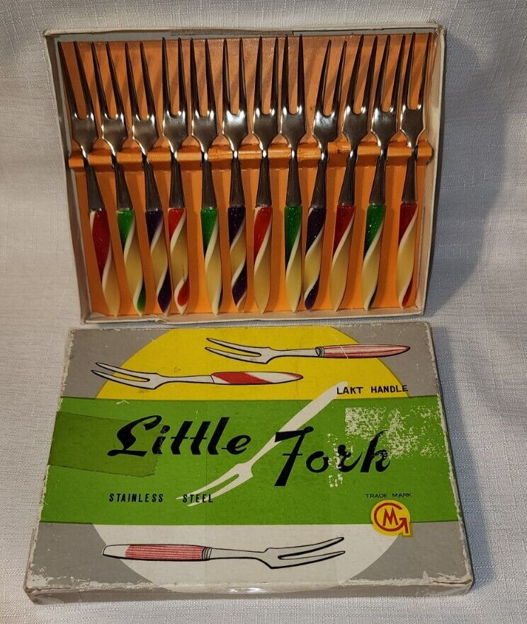Vintage Set of 12 LITTLE FORKS Lakt Handle in original box VERY COLORFUL RARE