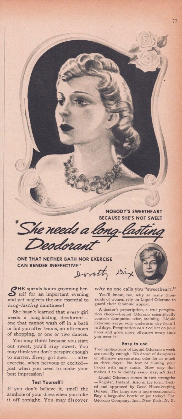 Long Lasting LIQUID ODORONO Deodorant ~ Dorothy Dix ~ VINTAGE PRINT AD ~ 1939