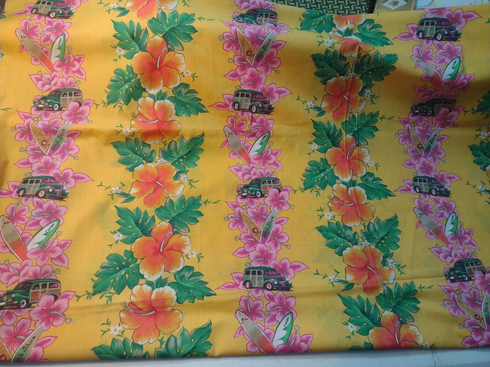Vtg Trans Pacific Tropical Floral Cars Surfboards Fabric Hawaiian