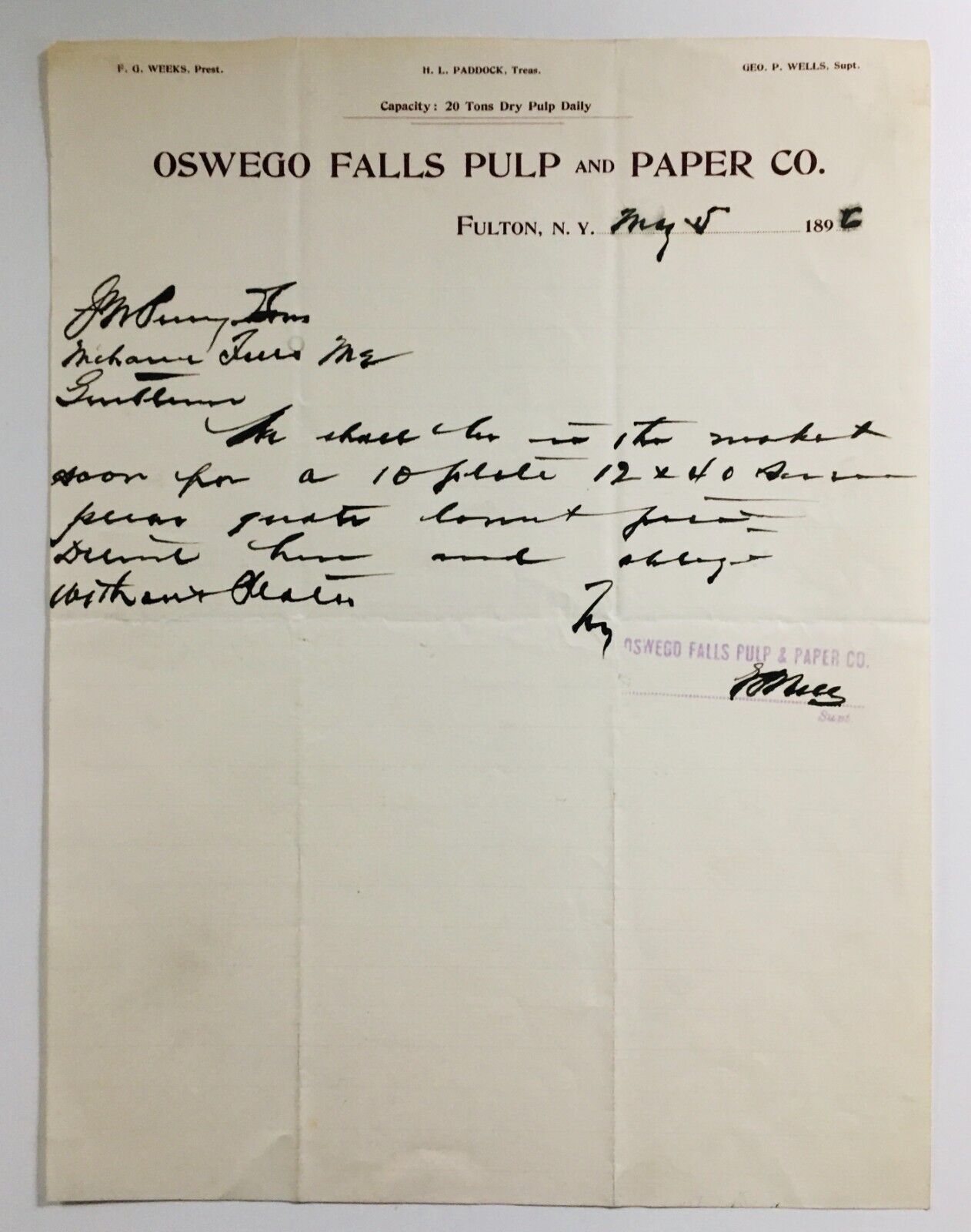1896 Letterhead Oswego Falls Pulp and Paper Co. Fulton, NY