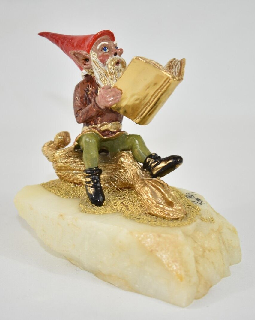 Vtg 1979 Ron Lee Gnome Elf Reading Book Figurine Gold Plated Hand Painted Signed