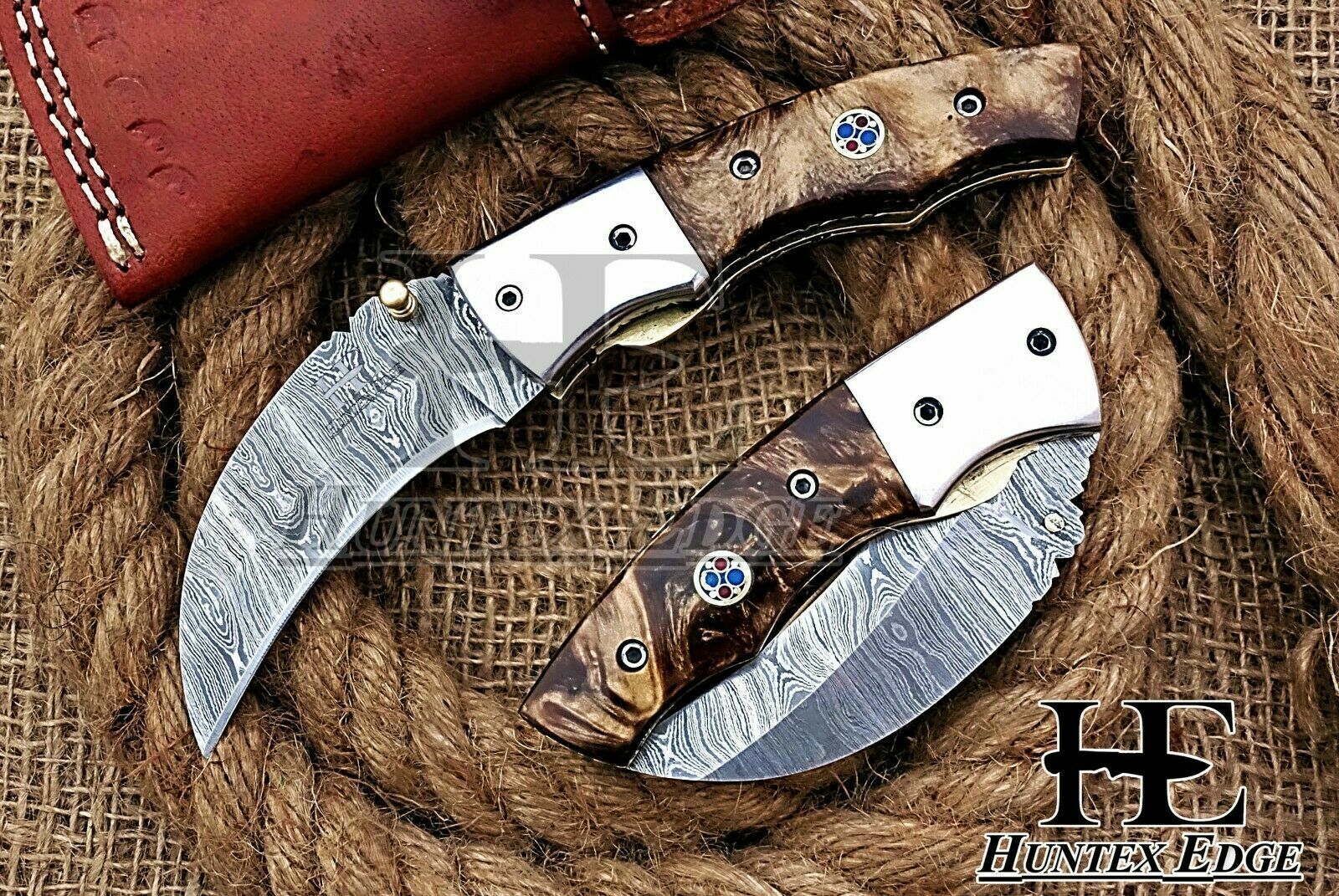 HUNTEX Custom Handmade Damascus 105mm Long Hunting Folding Pocket Hawkbill Knife