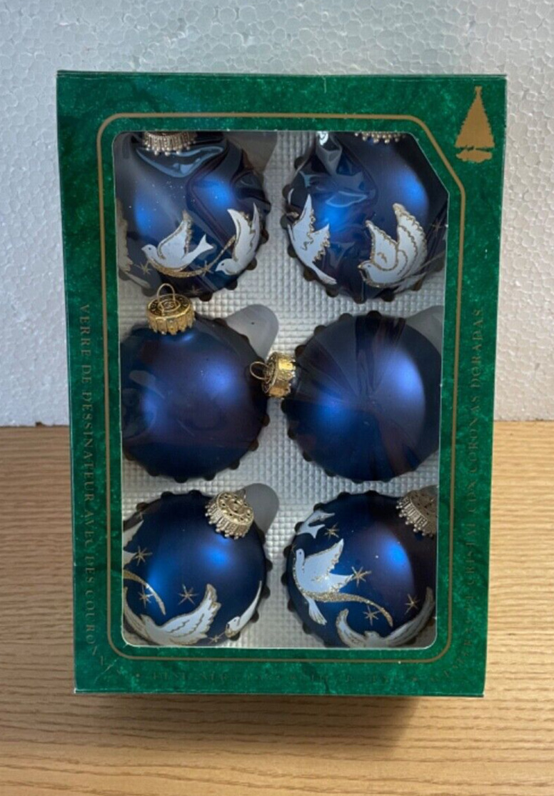 Vintage Christmas by Krebs Blue Ornaments w White Peace Doves Original Box Set 6