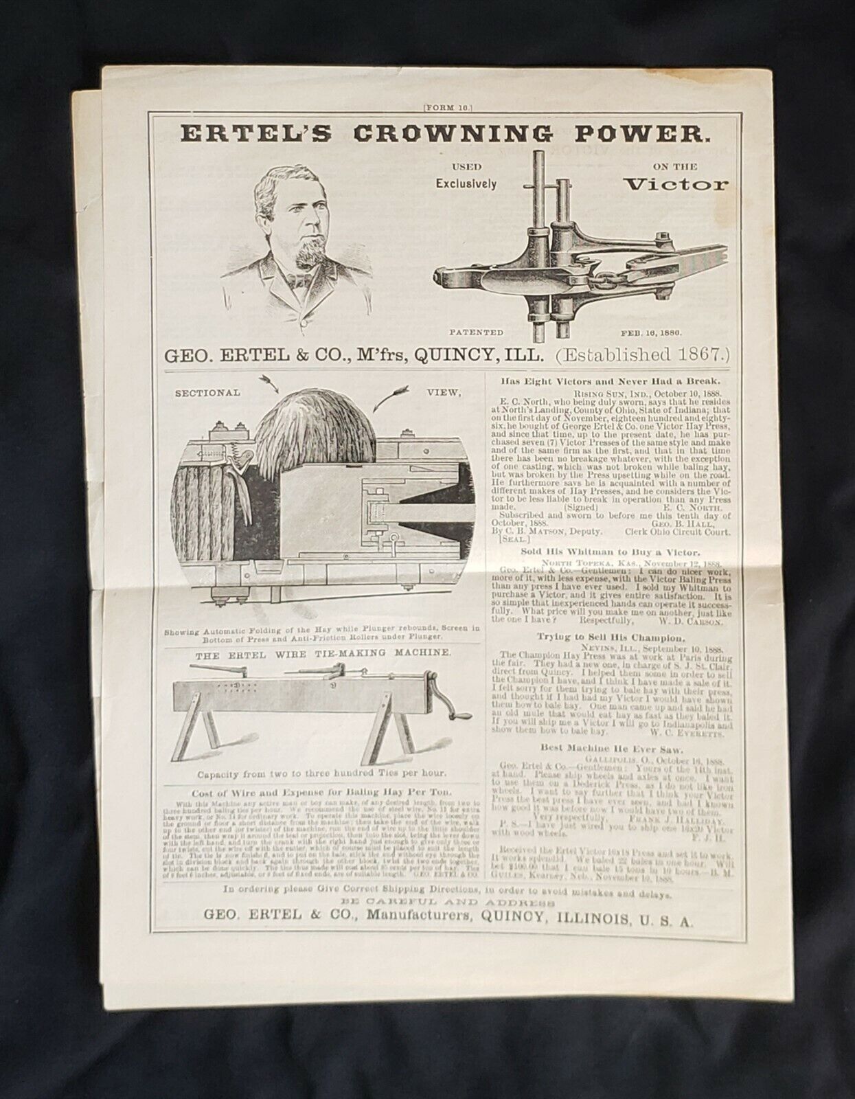 Newspaper Format Illustrated Advertising for Ertel farming equipment c1887