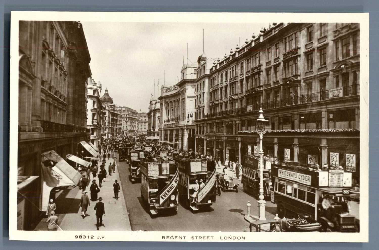 J.V., UK, London, Regent Street Vintage Silver Print. Postcard Paper Drawing 