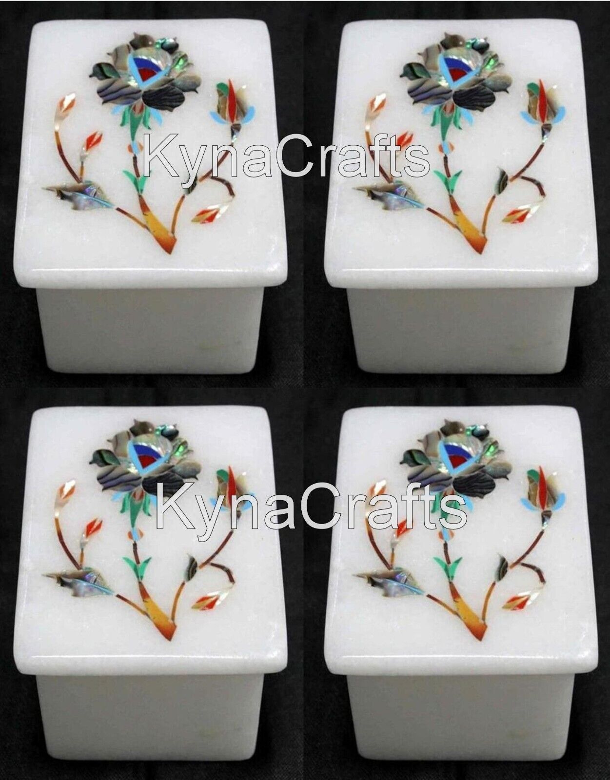 3 x 2 Inches Marble Multiuse Box Gemstone Inlay Work Trinket Box Set of 4 Pieces