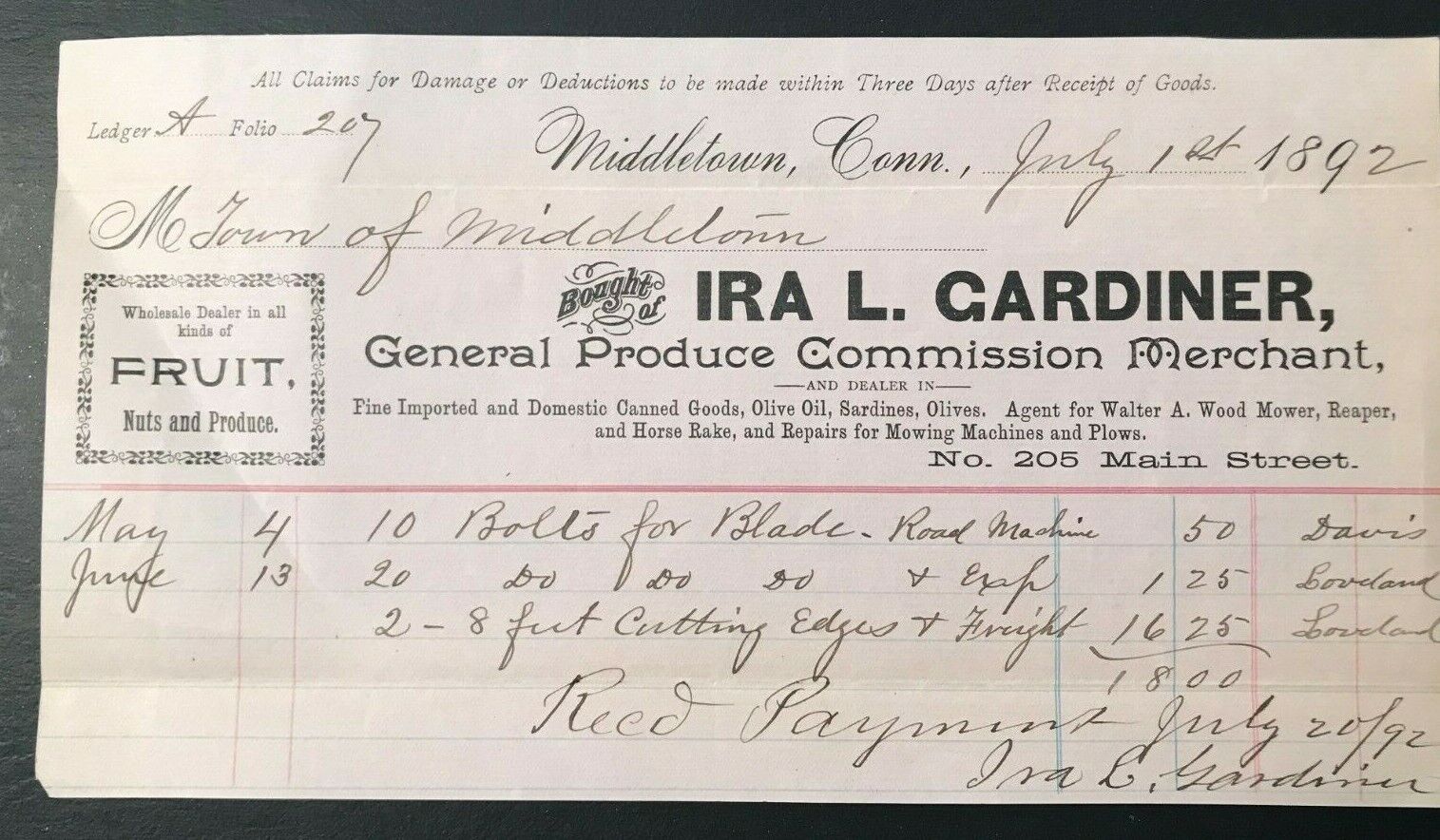 Handwritten Receipt MIDDLETOWN CT Connecticut - 1892 - Ira L Gardiner