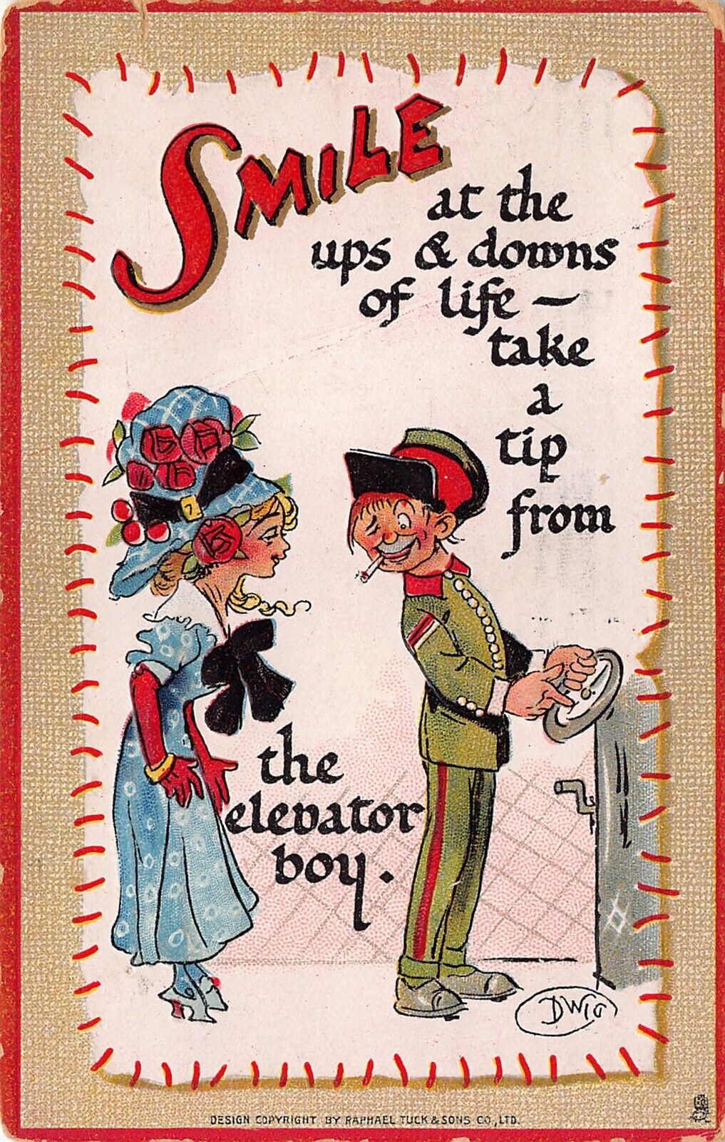 Dwig Comic Postcard Smile Downs of Life Tip From Elevator Boy Tuck Artist Signed