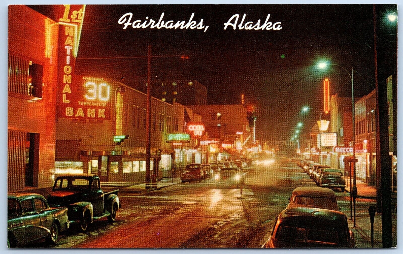 Fairbanks at Night 1st National Bar, Griffins, Mecca Alaska Postcard