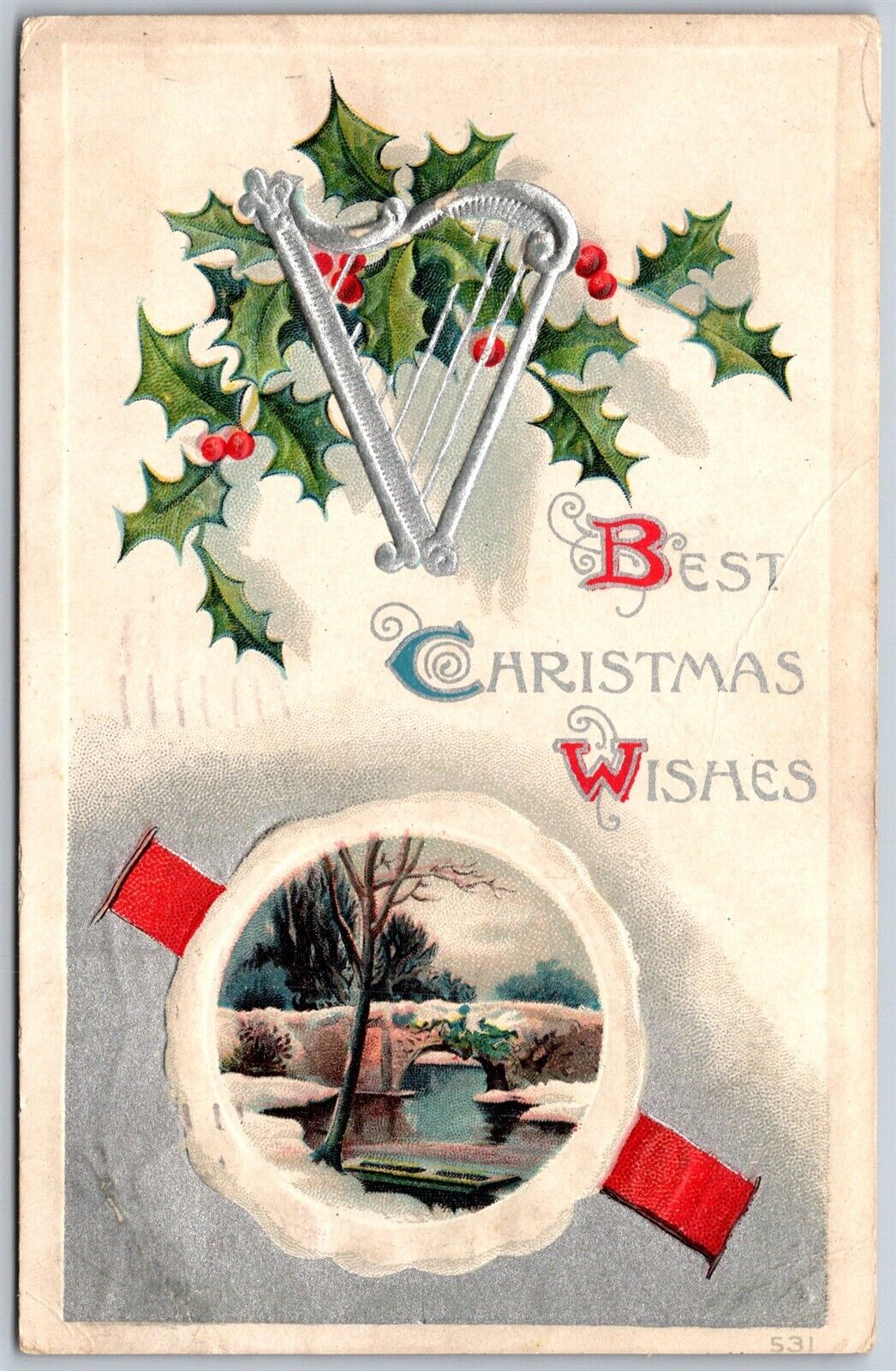 Vtg Best Christmas Wishes Silver Harp Holly 1910s Embossed Postcard