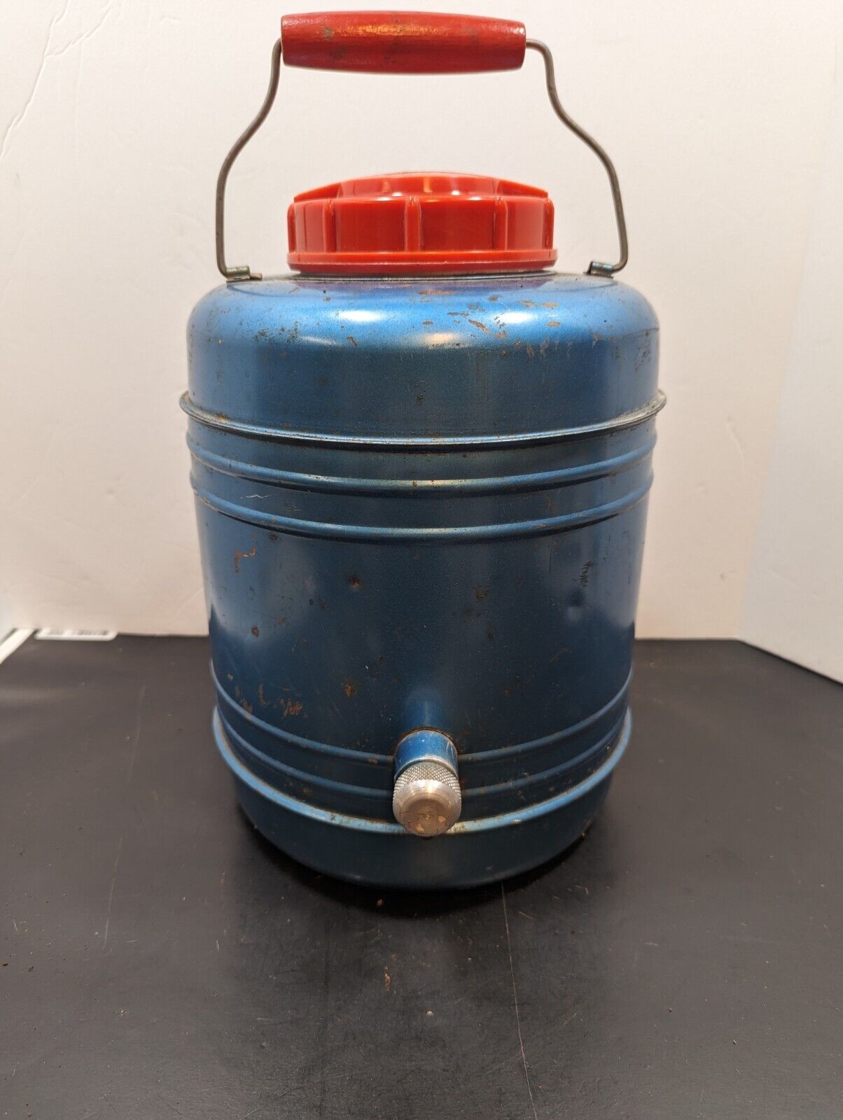 Vintage 1950s All American Cooler Thermos Jug Picnic Blue Metal With Wood Handle