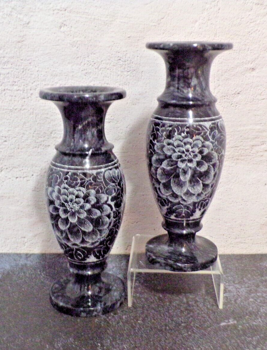 Vintage Black Onyx Marble Stone Vase Hand Etched Heavy 8\