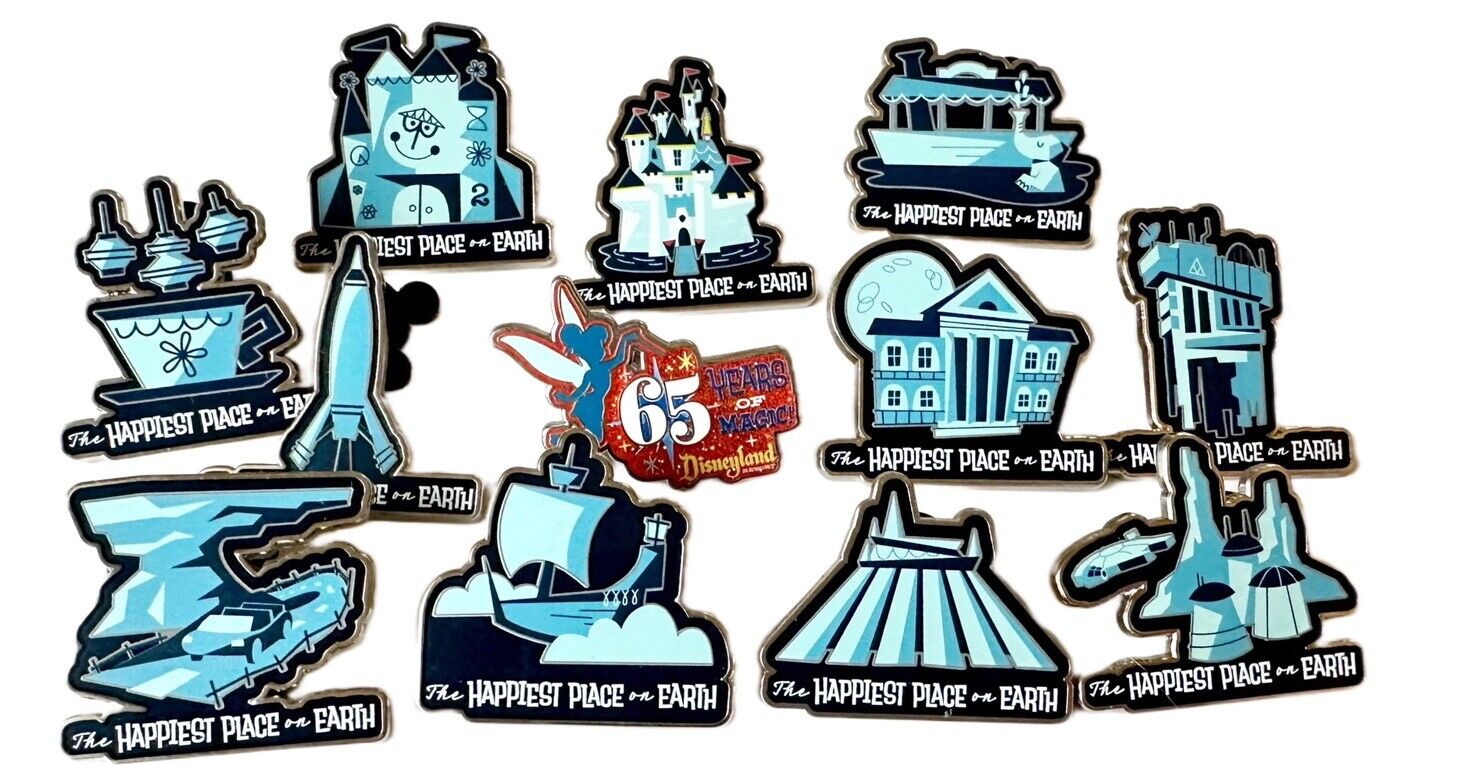 Disneyland 65th Anniversary Mystery Pins 12 Pin Set With Chaser  