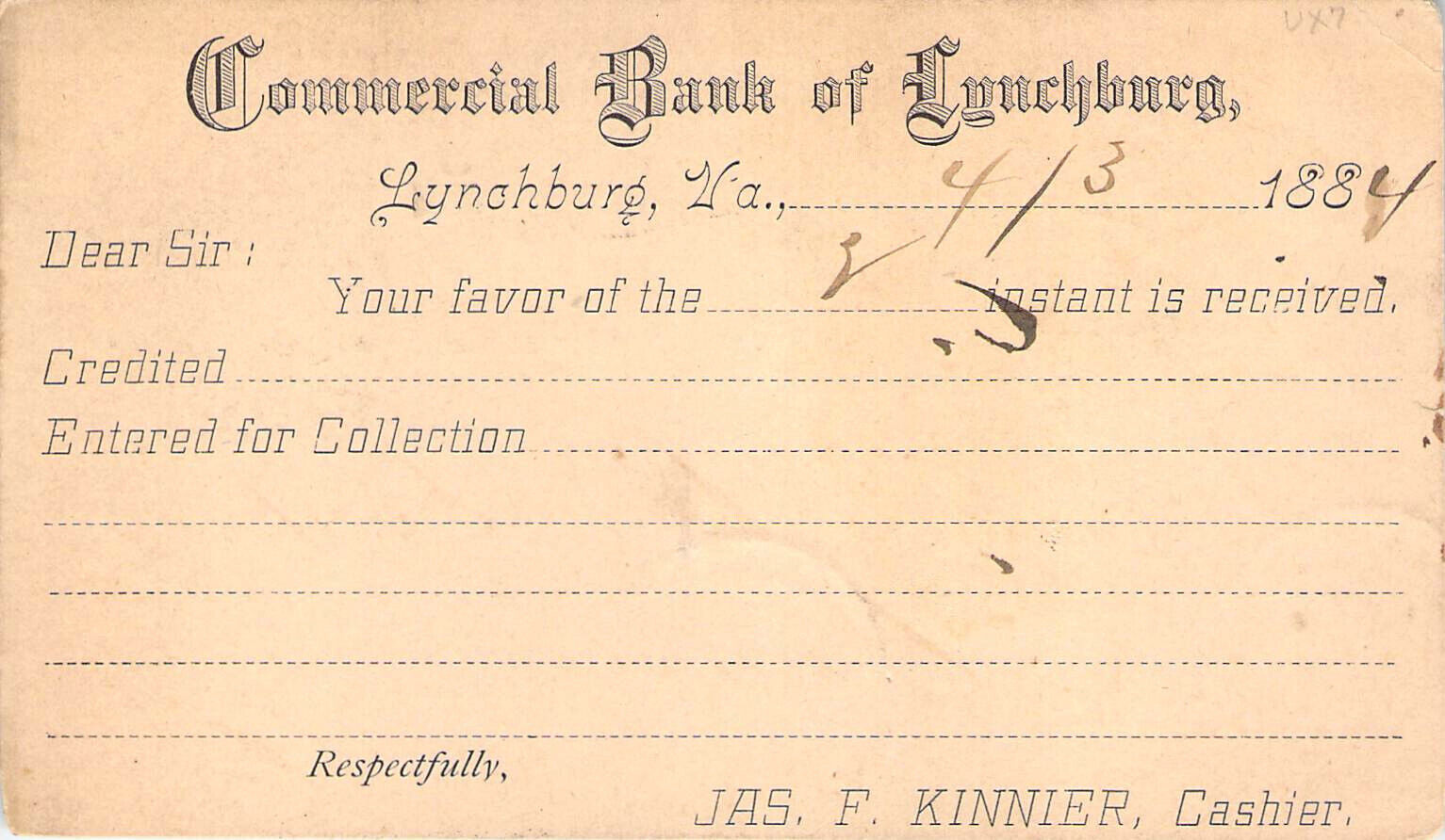1884 COMMERCIAL BANK LYNCHBURG VIRGINIA