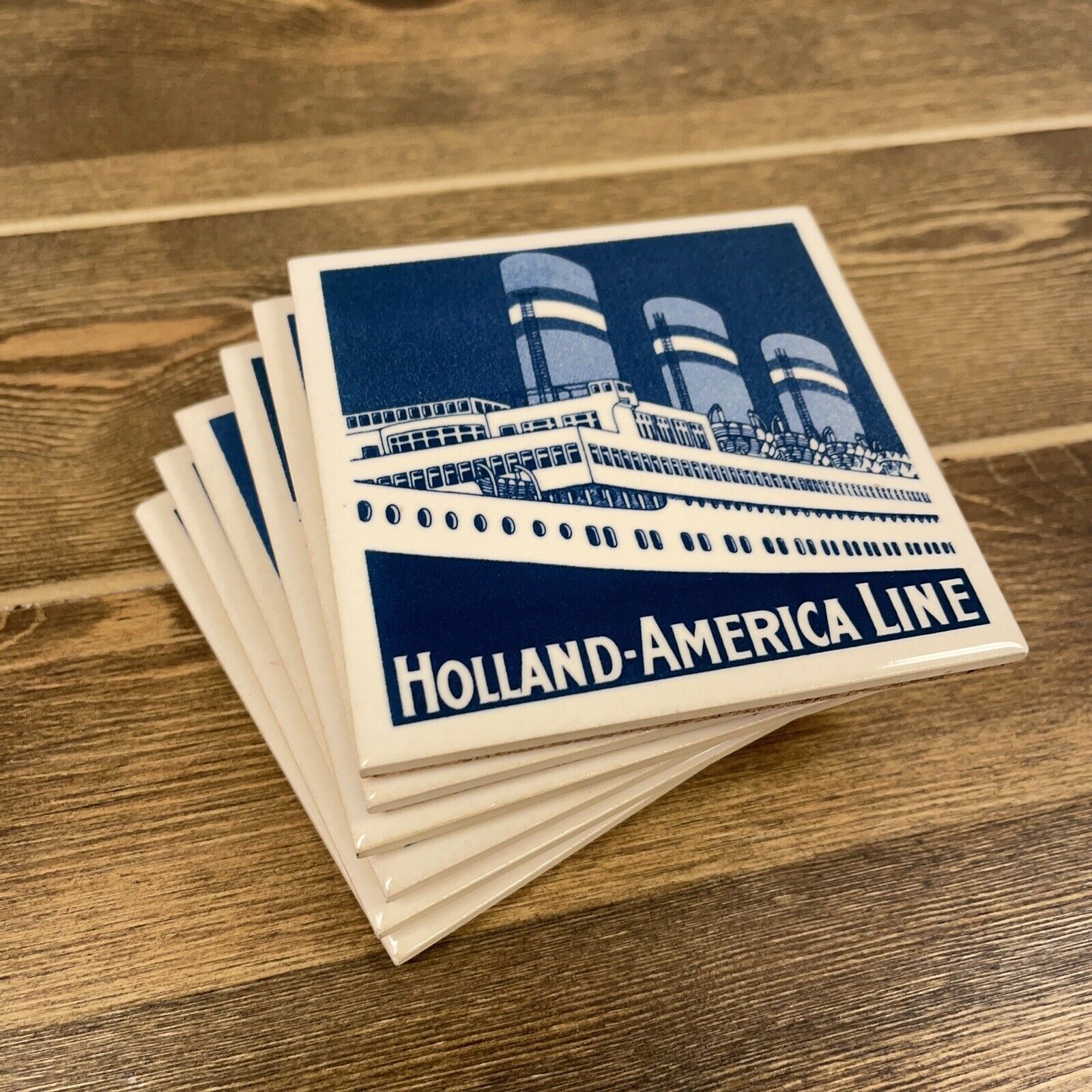 Holland America Cruise Line Blue Delft Coaster Ships Set of 6 Vintage Tiles